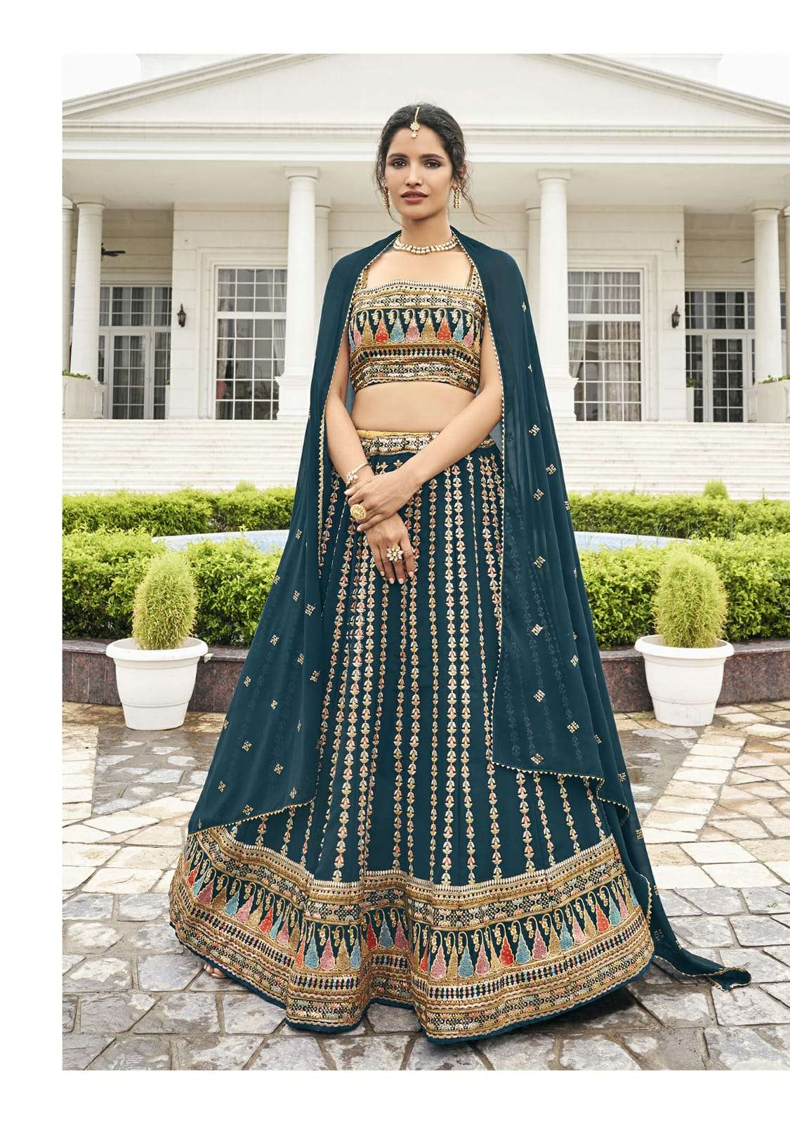 DESIGNER FANCY WEDDING PARTY WEAR TEAL BLUE BOLLYWOOD LEHENGA CHOLI IN GEORGETTE SM RIMZIM 136 A