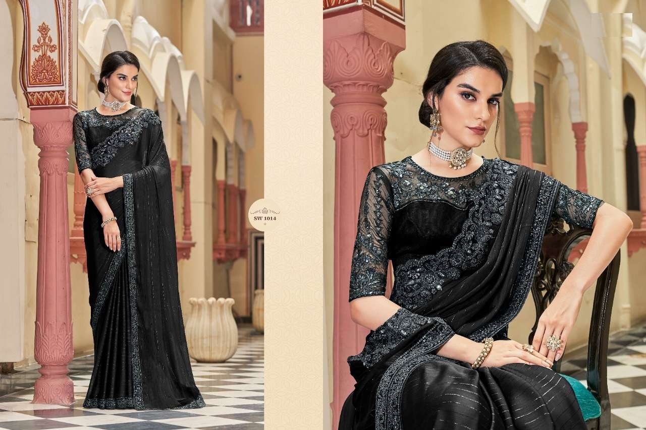 HEAVY DESIGNER WEDDING PARTY WEAR BLACK SILK SAREE COLLECTION TFH SM1014