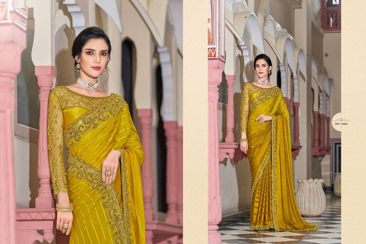 HEAVY DESIGNER WEDDING PARTY WEAR YELLOW SILK SAREE COLLECTION TFH SM1002