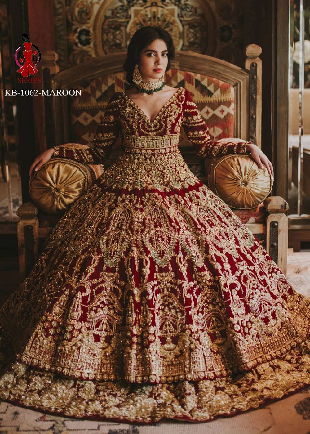 INDIAN DESIGNER MAROON BRIDAL WEDDING WEAR VELVET ANARKALI SALWAR SUIT WITH SILK SKIRT KB 1062