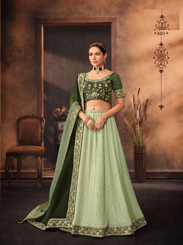 PISTA COLOR DESIGNER FANCY TRENDY PARTY WEAR GEORGETTE SILK LEHENGA CHOLI KAVIRA SM501