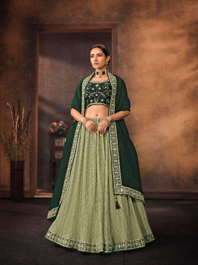 PISTA GREEN DESIGNER FANCY TRENDY PARTY WEAR GEORGETTE SILK LEHENGA CHOLI KAVIRA SM506