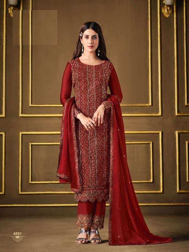 RED DESIGNER FANCY SALWAR SUIT FOR WEDDING PARTY WEAR IN TWO TONE GEORGETTE FABRIC 4891