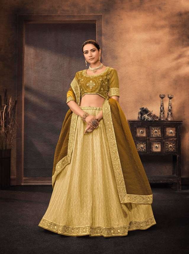 YELLOW DESIGNER FANCY TRENDY PARTY WEAR GEORGETTE SILK LEHENGA CHOLI KAVIRA SM503