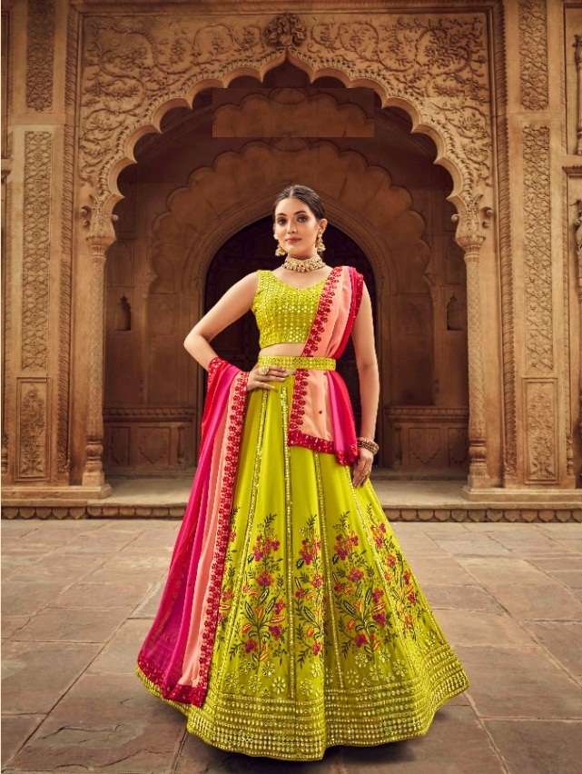 DESIGNER FANCY NEW TRENDY PARTY WEAR GEORGETTE GREEN SILK LEHENGA CHOLI KF BRD25 2212