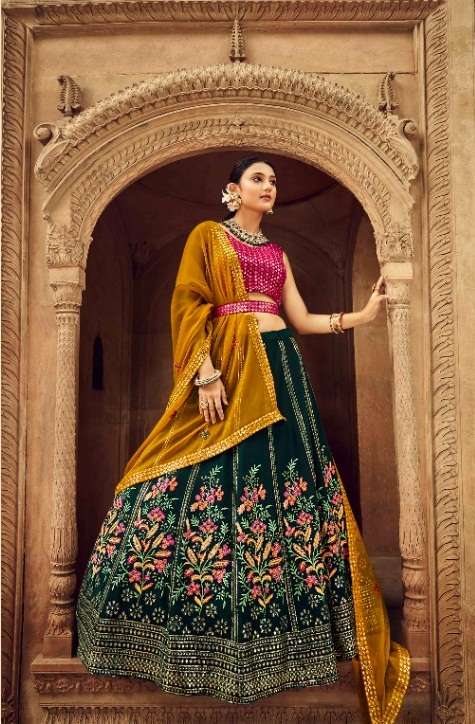 DESIGNER FANCY NEW TRENDY PARTY WEAR GEORGETTE GREEN SILK LEHENGA CHOLI KF BRD25 2213