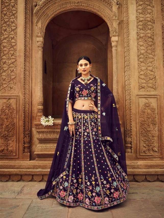 DESIGNER FANCY NEW TRENDY PARTY WEAR GEORGETTE PURPLE SILK LEHENGA CHOLI KF BRD25 2215