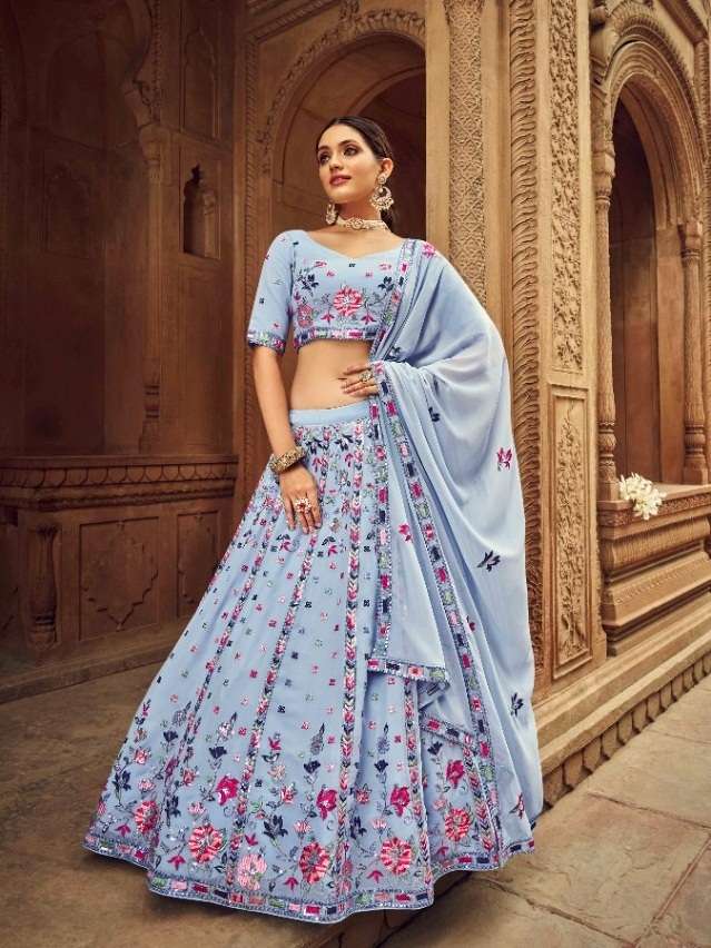 DESIGNER FANCY NEW TRENDY PARTY WEAR GEORGETTE SKY BLUE SILK LEHENGA CHOLI KF BRD25 2214