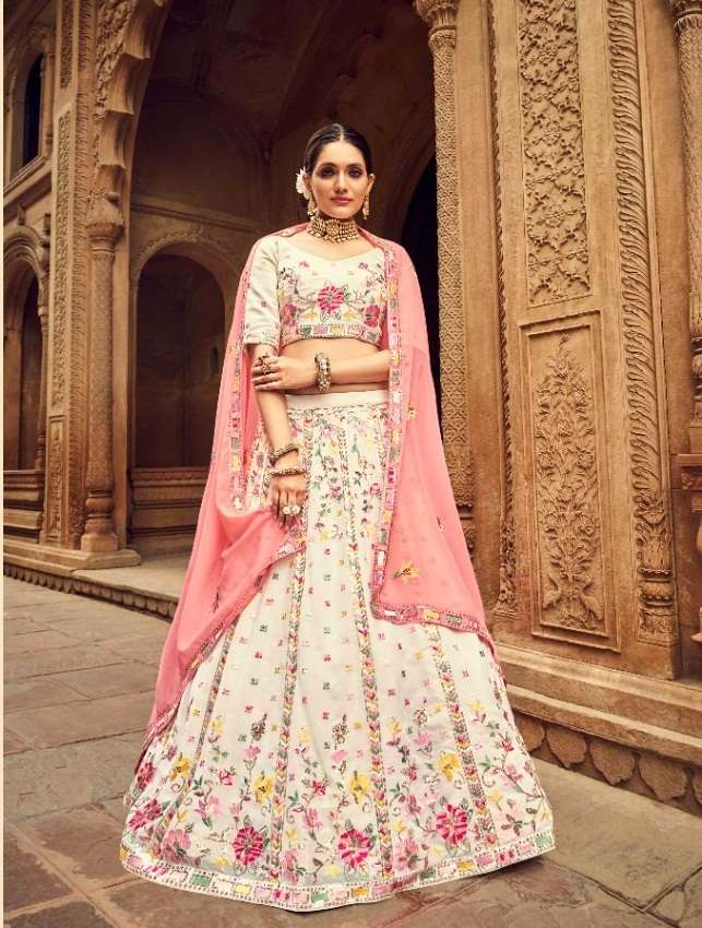 DESIGNER FANCY NEW TRENDY PARTY WEAR GEORGETTE WHITE SILK LEHENGA CHOLI KF BRD25 2212