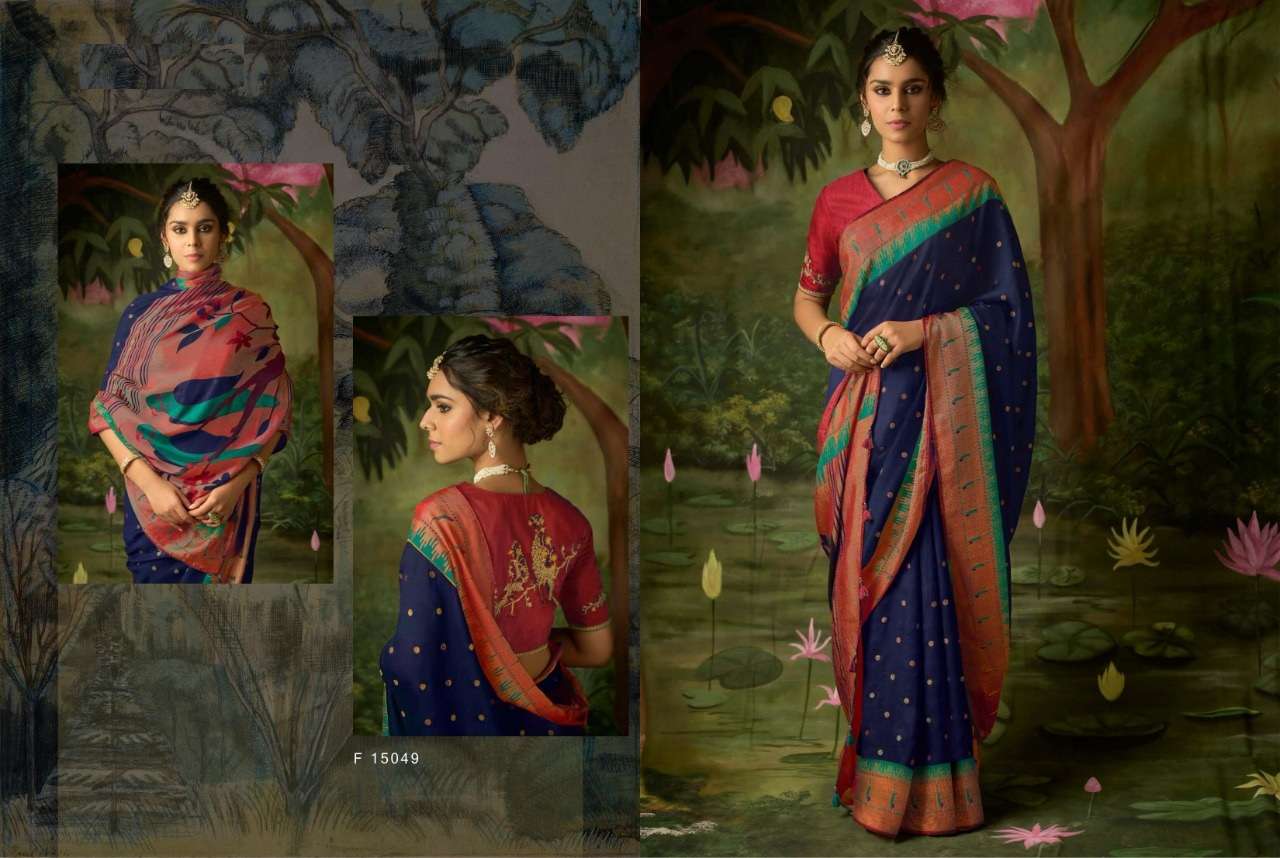 DESIGNER FANCY PARTY WEAR BLUE BRASSO SILK FABRIC SAREE KIMORA MEER SM 15049 F