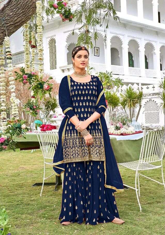 DESIGNER FANCY PARTY WEAR GEORGETTE BLUE SHARARA SALWAR SUIT JG EBA 1037 C