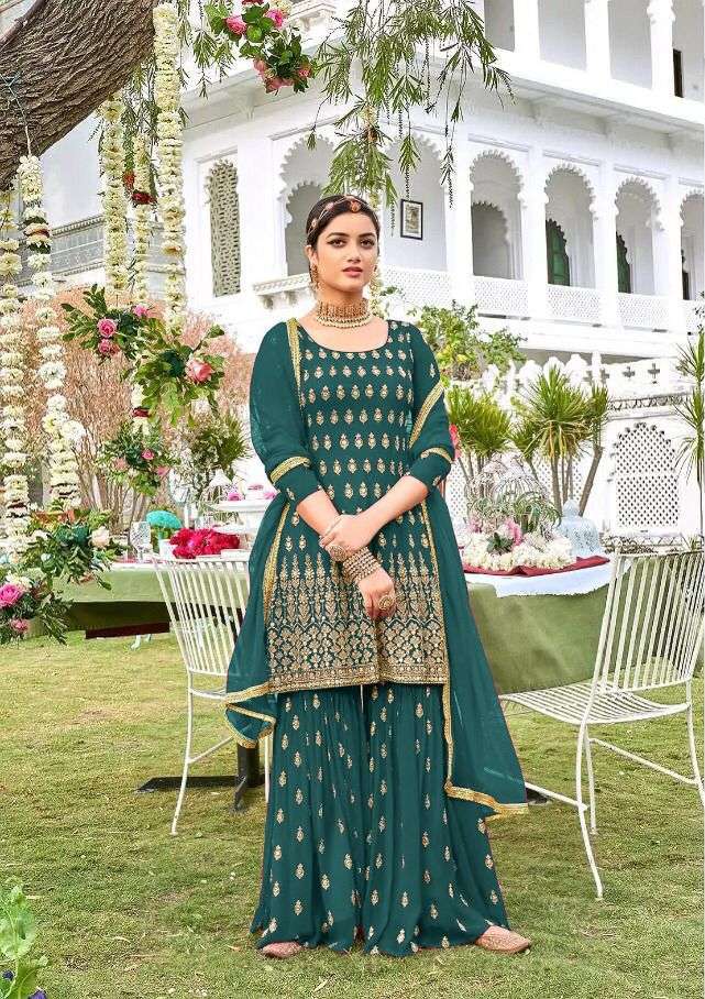 DESIGNER FANCY PARTY WEAR GEORGETTE GREEN SHARARA SALWAR SUIT JG EBA 1037 D