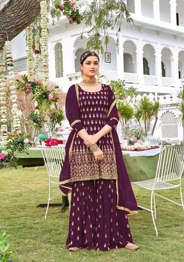 DESIGNER FANCY PARTY WEAR GEORGETTE PURPLE SHARARA SALWAR SUIT JG EBA 1037 B