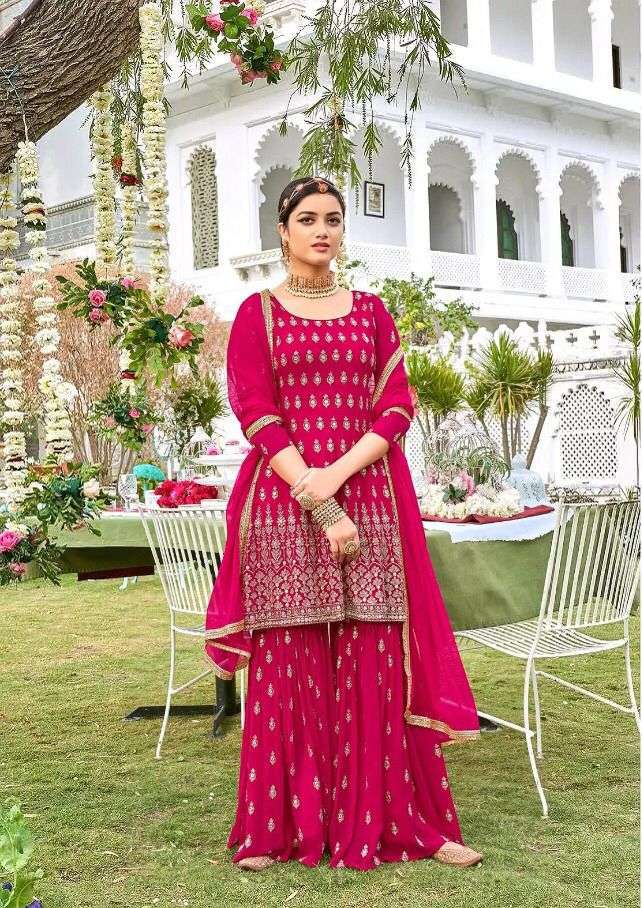 DESIGNER FANCY PARTY WEAR GEORGETTE RANI PINK SHARARA SALWAR SUIT JG EBA 1037 A