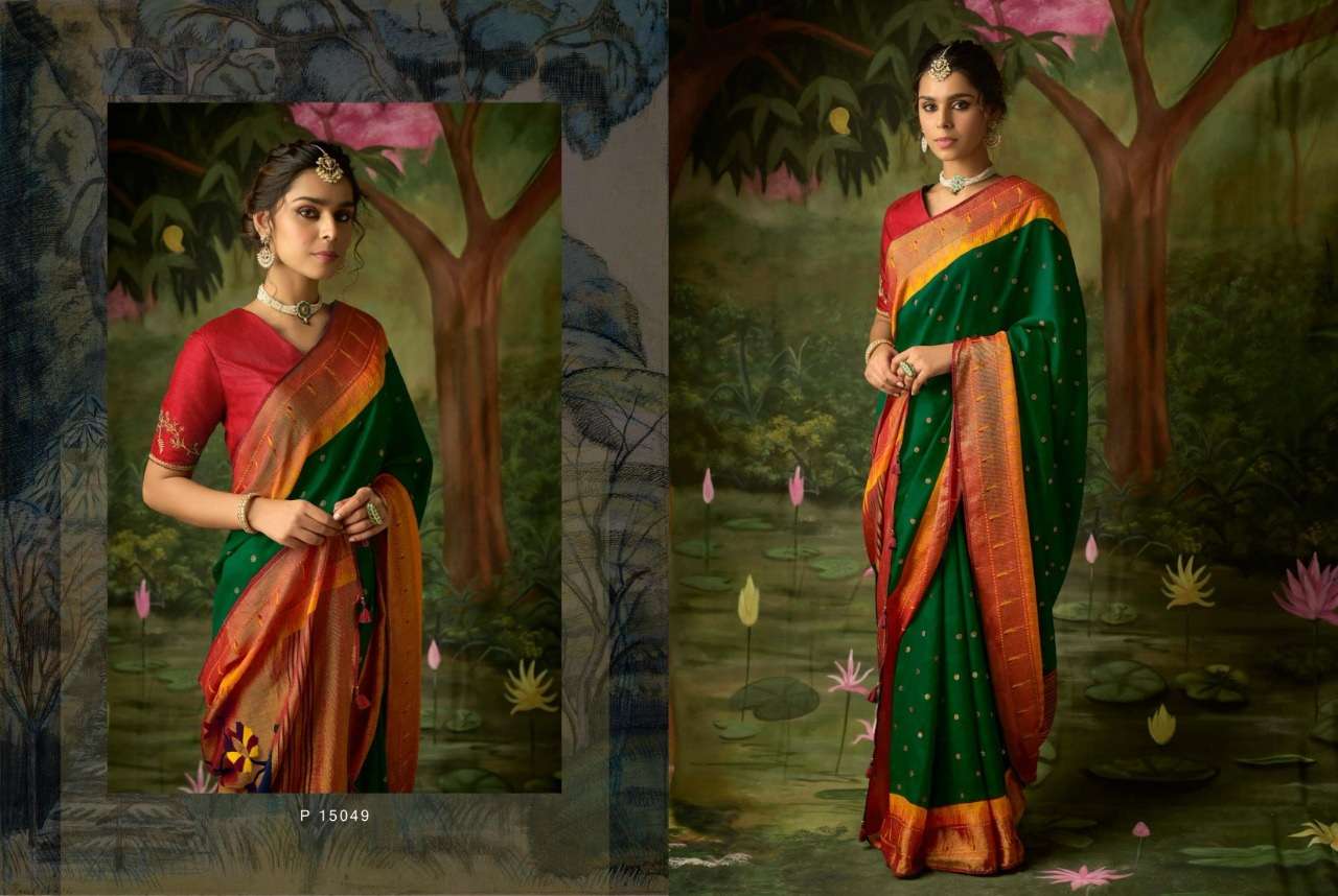 DESIGNER FANCY PARTY WEAR GREEN BRASSO SILK FABRIC SAREE KIMORA MEER SM 15049 A