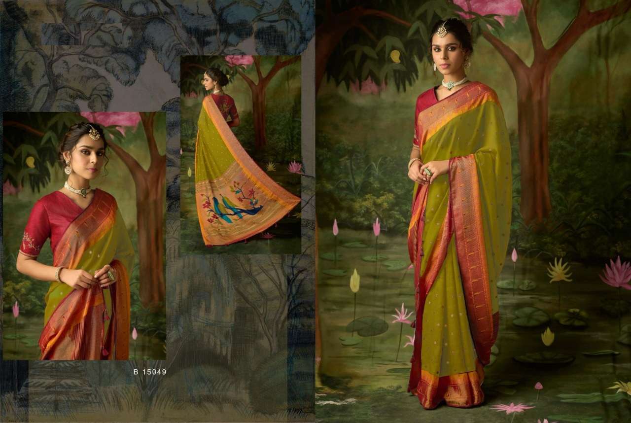 DESIGNER FANCY PARTY WEAR PARROT GREEN BRASSO SILK FABRIC SAREE KIMORA MEER SM 15049 B