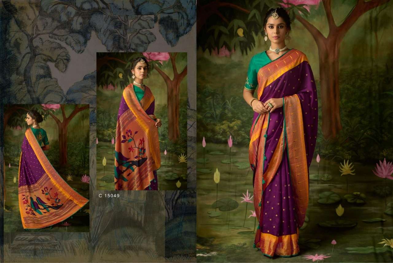 DESIGNER FANCY PARTY WEAR PURPLE BRASSO SILK FABRIC SAREE KIMORA MEER SM 15049 C