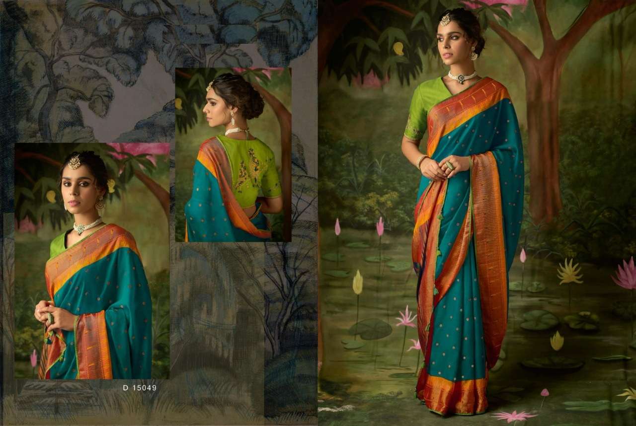 DESIGNER FANCY PARTY WEAR RAMA GREEN BRASSO SILK FABRIC SAREE KIMORA MEER SM 15049 D