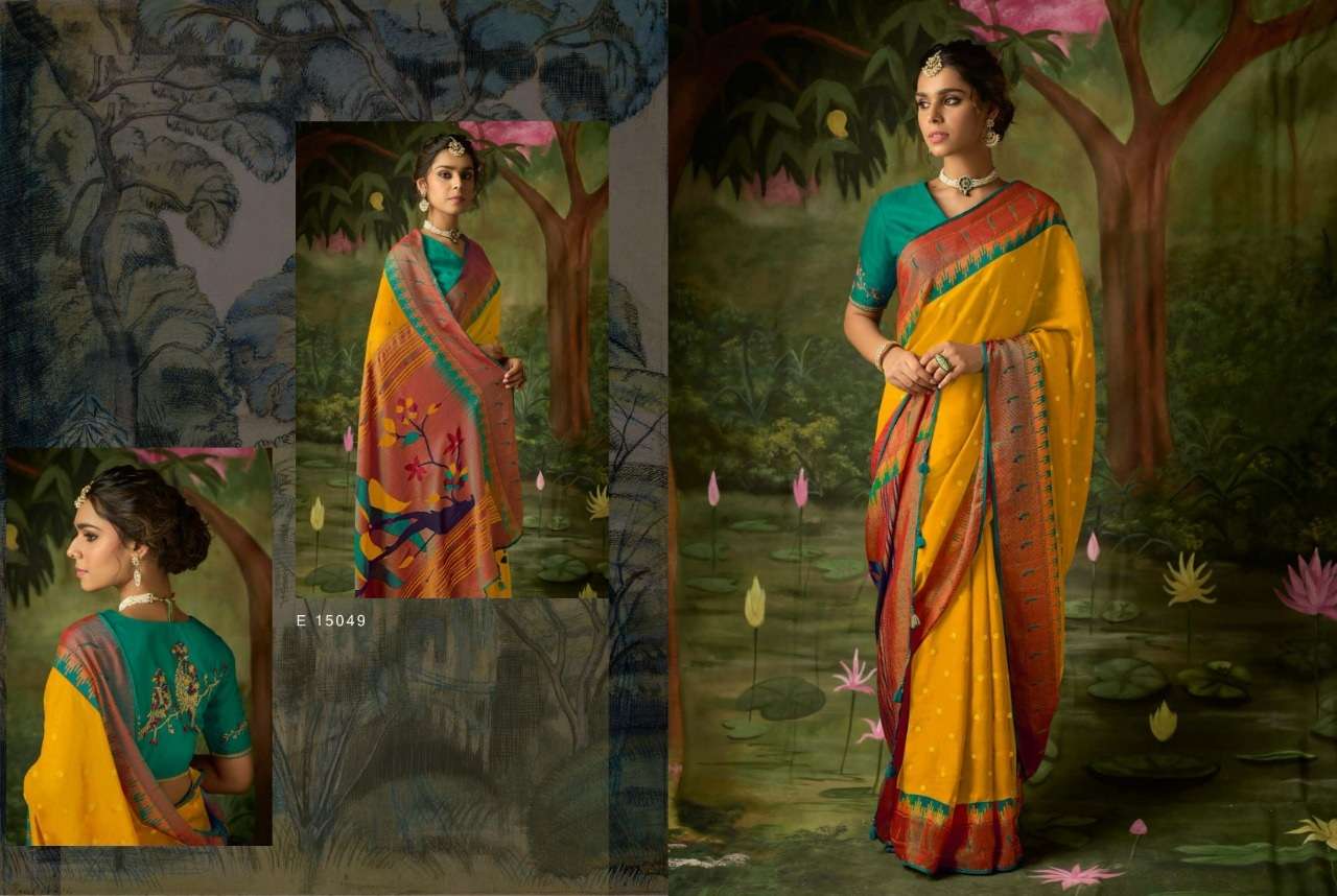 DESIGNER FANCY PARTY WEAR YELLOW BRASSO SILK FABRIC SAREE KIMORA MEER SM 15049 E