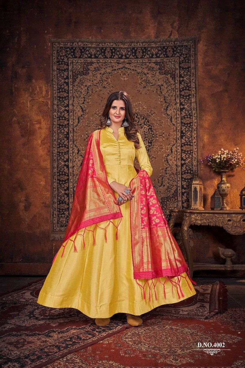 DESIGNER FANCY PARTY WEAR YELLOW LONG SILK ANARKALI SKIRT GEORGETTE SALWAR SUIT KARISHMA 4002