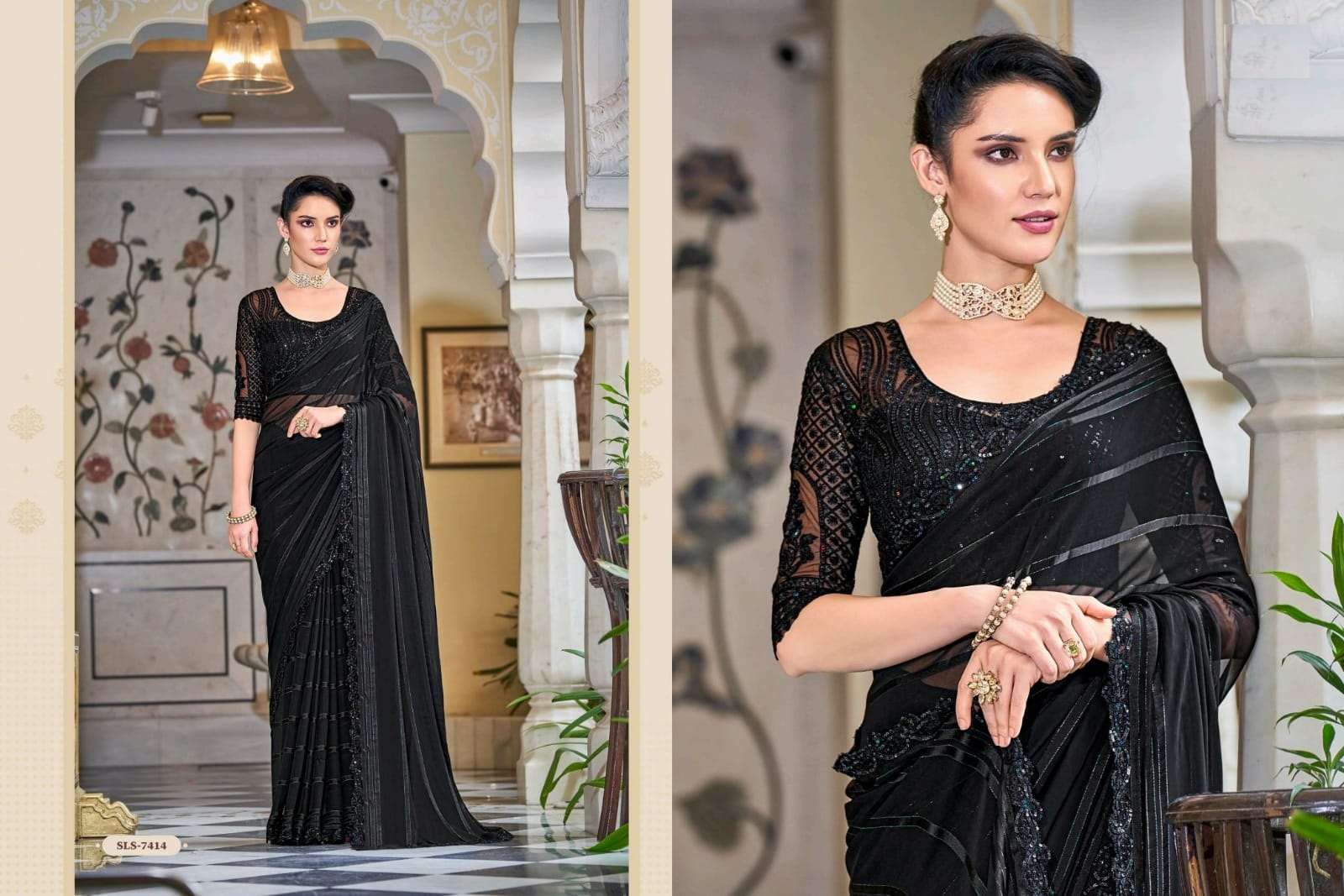 DESIGNER FANCY WEDDING PARTY WEAR BLACK SILK DESIGNER HEAVY SAREE TFH SALSA 7414