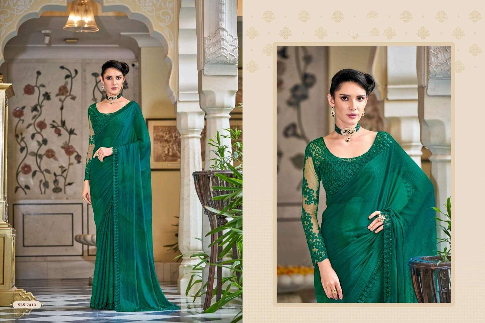 DESIGNER FANCY WEDDING PARTY WEAR GREEN SILK DESIGNER HEAVY SAREE TFH SALSA 7413