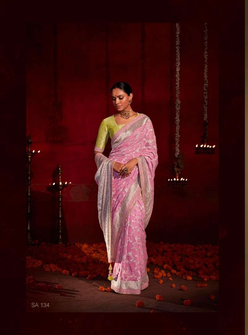 DESIGNER FANCY WEDDING PARTY WEAR PINK SILK DESIGNER HEAVY SAREE KIMORA SINDHURI 134