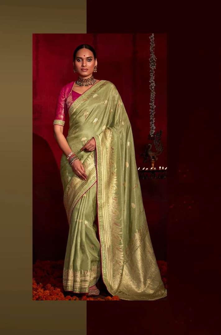 DESIGNER FANCY WEDDING PARTY WEAR PISTA SILK DESIGNER HEAVY SAREE KIMORA SINDHURI 133