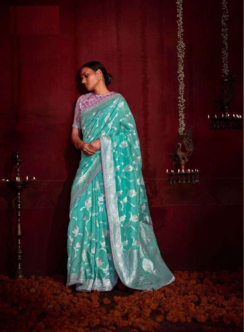 DESIGNER FANCY WEDDING PARTY WEAR SKY BLUE SILK DESIGNER HEAVY SAREE KIMORA SINDHURI 142