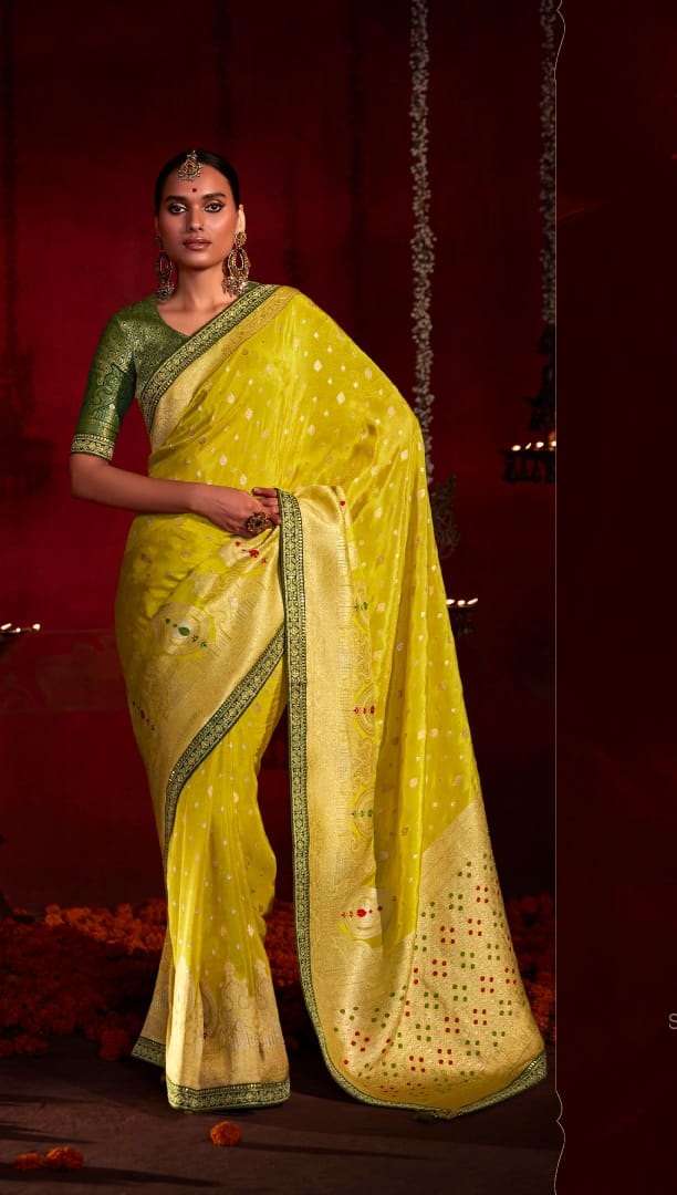 DESIGNER FANCY WEDDING PARTY WEAR YELLOW SILK DESIGNER HEAVY SAREE KIMORA SINDHURI 135