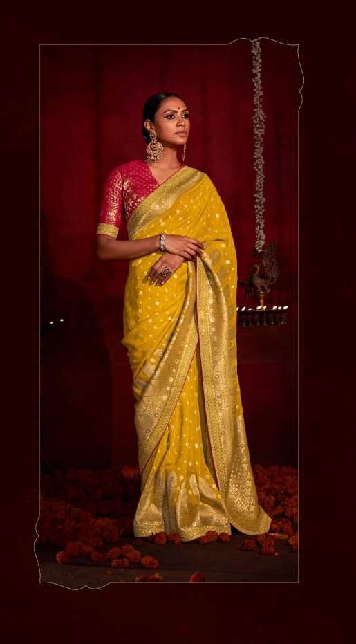 DESIGNER FANCY WEDDING PARTY WEAR YELLOW SILK DESIGNER HEAVY SAREE KIMORA SINDHURI 141