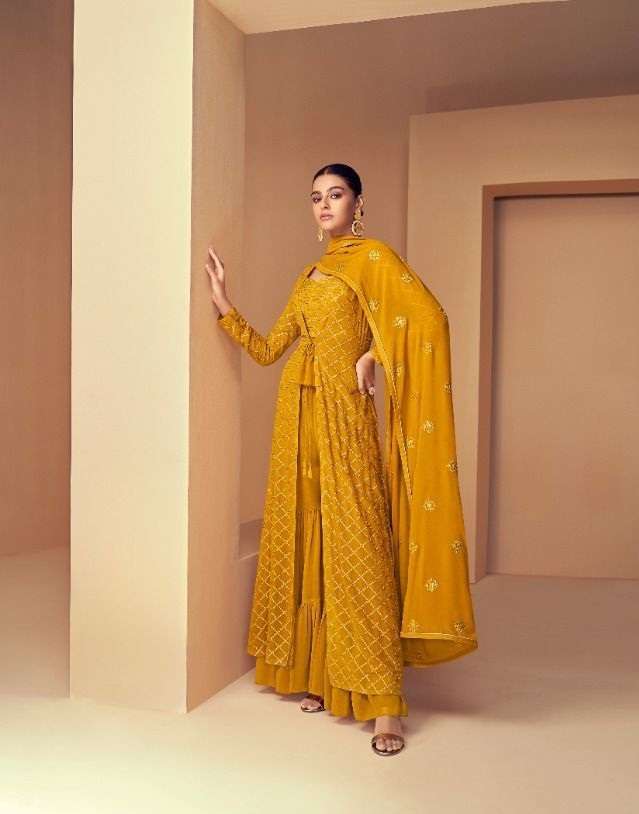 DESIGNER FANCY YELLOW SHARARA SALWAR SUIT FOR WEDDING PARTY WEAR IN REAL GEORGETTE FABRIC AF 7154