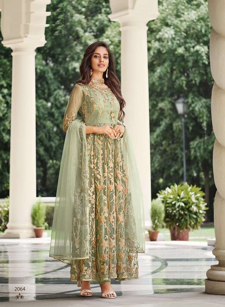 DESIGNER TRENDY WEDDING PARTY WEAR BUTTERFLY NET LONG PISTA SALWAR SUIT SENHORA SHARMIN 2064