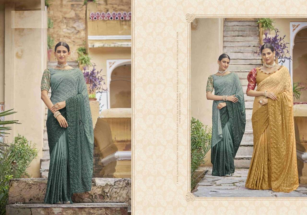 NEW DESIGNER PARTY WEAR GREEN SAREE IN CHINON FABRIC COLLECTION KF COCKTAIL 5423