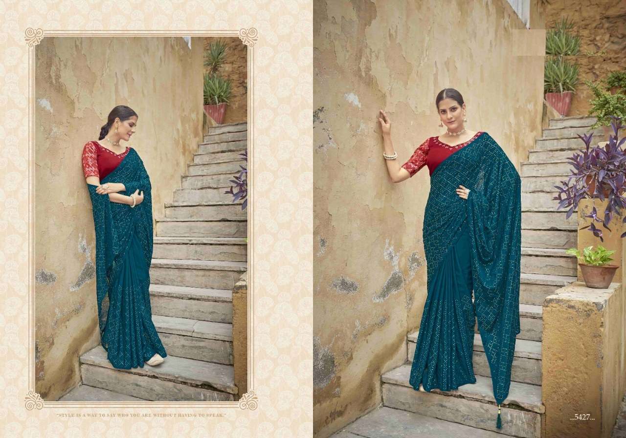 NEW DESIGNER PARTY WEAR TEAL BLUE SAREE IN CHINON FABRIC COLLECTION KF COCKTAIL 5427