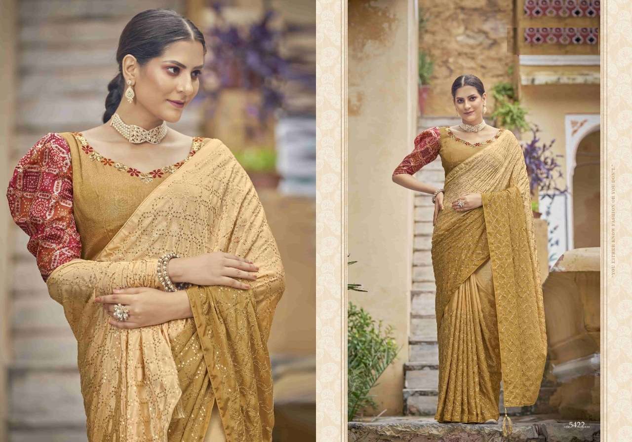 NEW DESIGNER PARTY WEAR YELLOW SAREE IN CHINON FABRIC COLLECTION KF COCKTAIL 5422