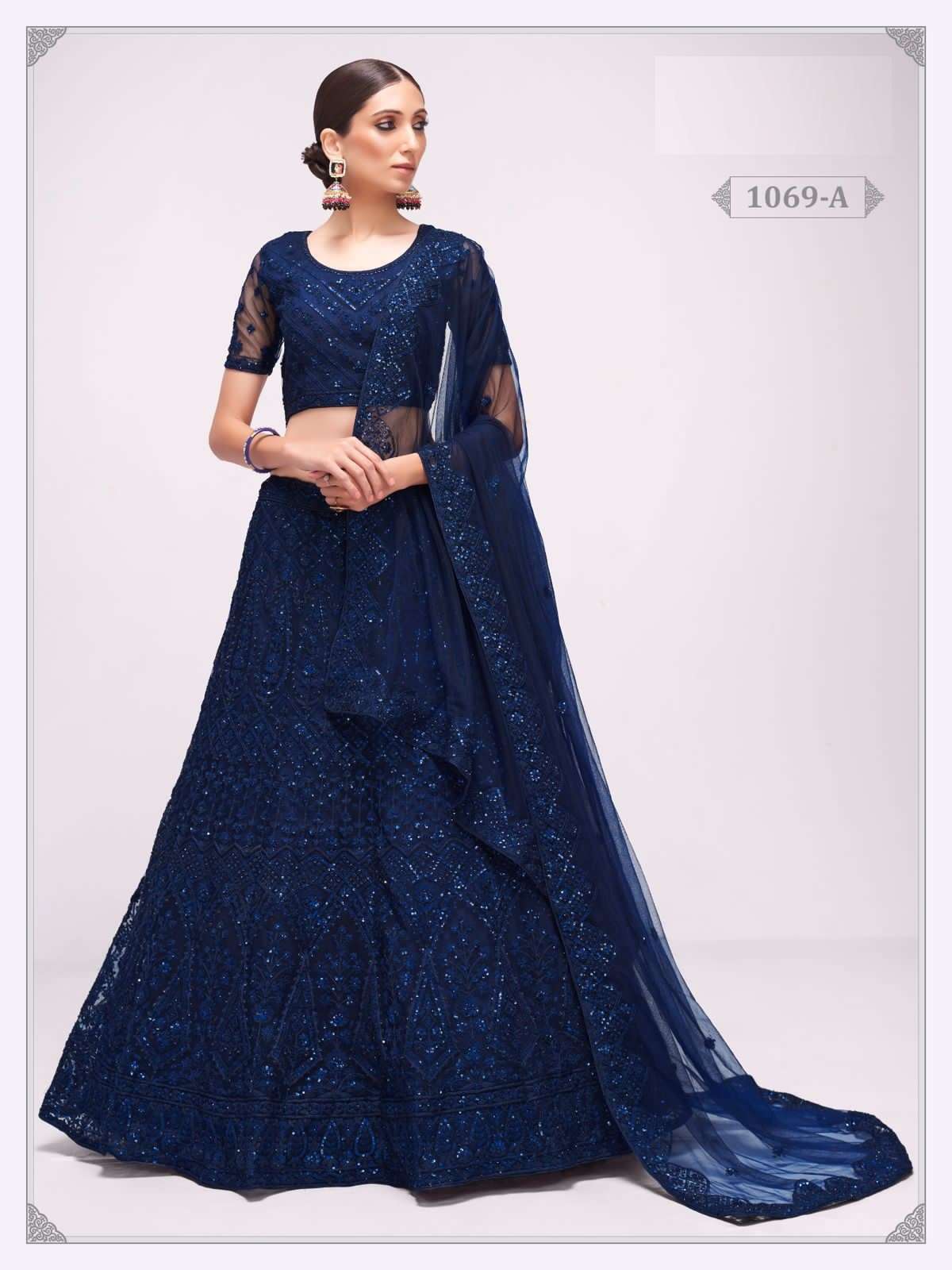 PREMIUM BRIDAL WEAR DESIGNER HEAVY NET BLUE LEHENGA NEW DESIGN 1069A