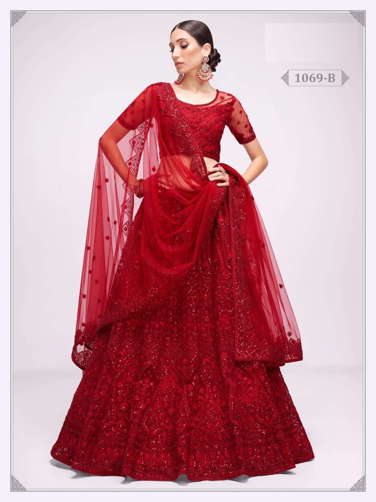 PREMIUM BRIDAL WEAR DESIGNER HEAVY RED NET LEHENGA NEW DESIGN 1069B