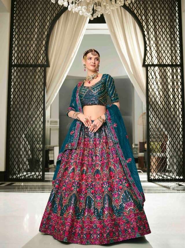 TEAL BLUE DESIGNER FANCY NEW TRENDY BRIDAL WEDDING PARTY WEAR SILK LEHENGA CHOLI KF GULDASTA 13 2141