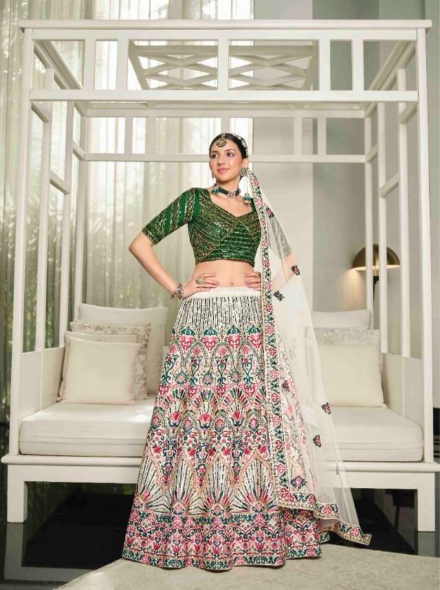 WHITE DESIGNER FANCY NEW TRENDY BRIDAL WEDDING PARTY WEAR SILK LEHENGA CHOLI KF GULDASTA 13 2142