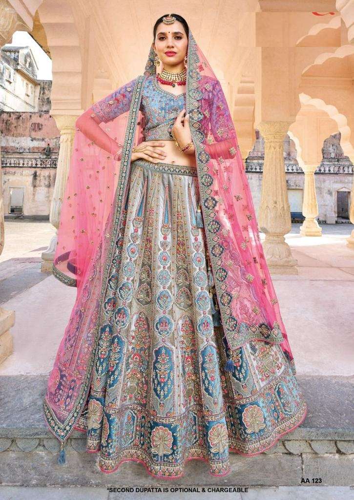 BEST DESIGNER BLUE BRIDAL WEDDING WEAR HEAVY VELVET LEHENGA CHOLI TATHAASTU DST 123