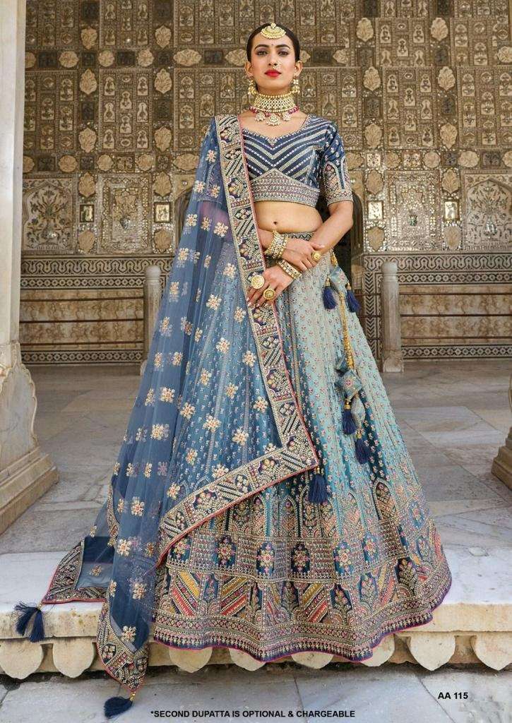 BEST DESIGNER BRIDAL BLUE WEDDING WEAR HEAVY VELVET LEHENGA CHOLI TATHAASTU DST 115