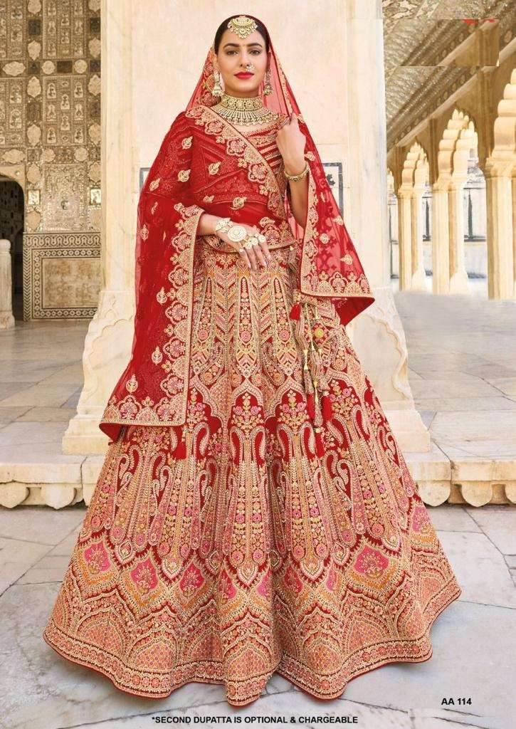 BEST DESIGNER BRIDAL RED WEDDING WEAR HEAVY VELVET LEHENGA CHOLI TATHAASTU DST 114