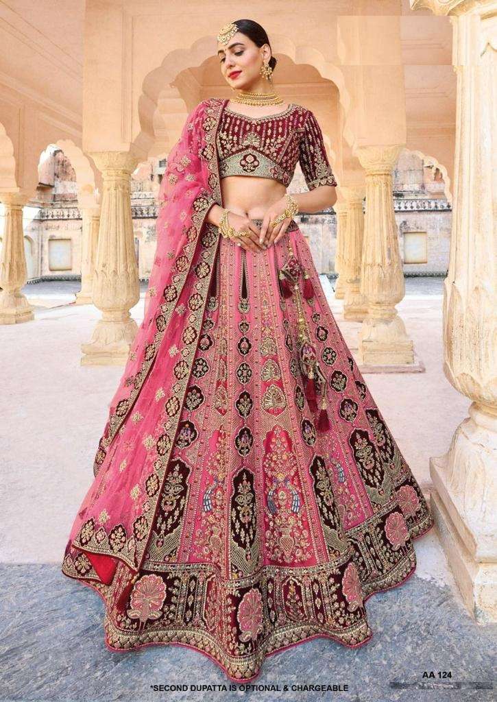 BEST DESIGNER PINK BRIDAL WEDDING WEAR HEAVY VELVET LEHENGA CHOLI TATHAASTU DST 124