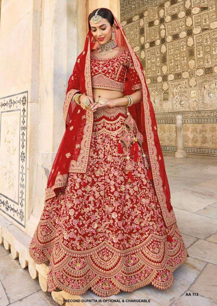 BEST DESIGNER RED BRIDAL WEDDING WEAR HEAVY VELVET LEHENGA CHOLI TATHAASTU DST 113