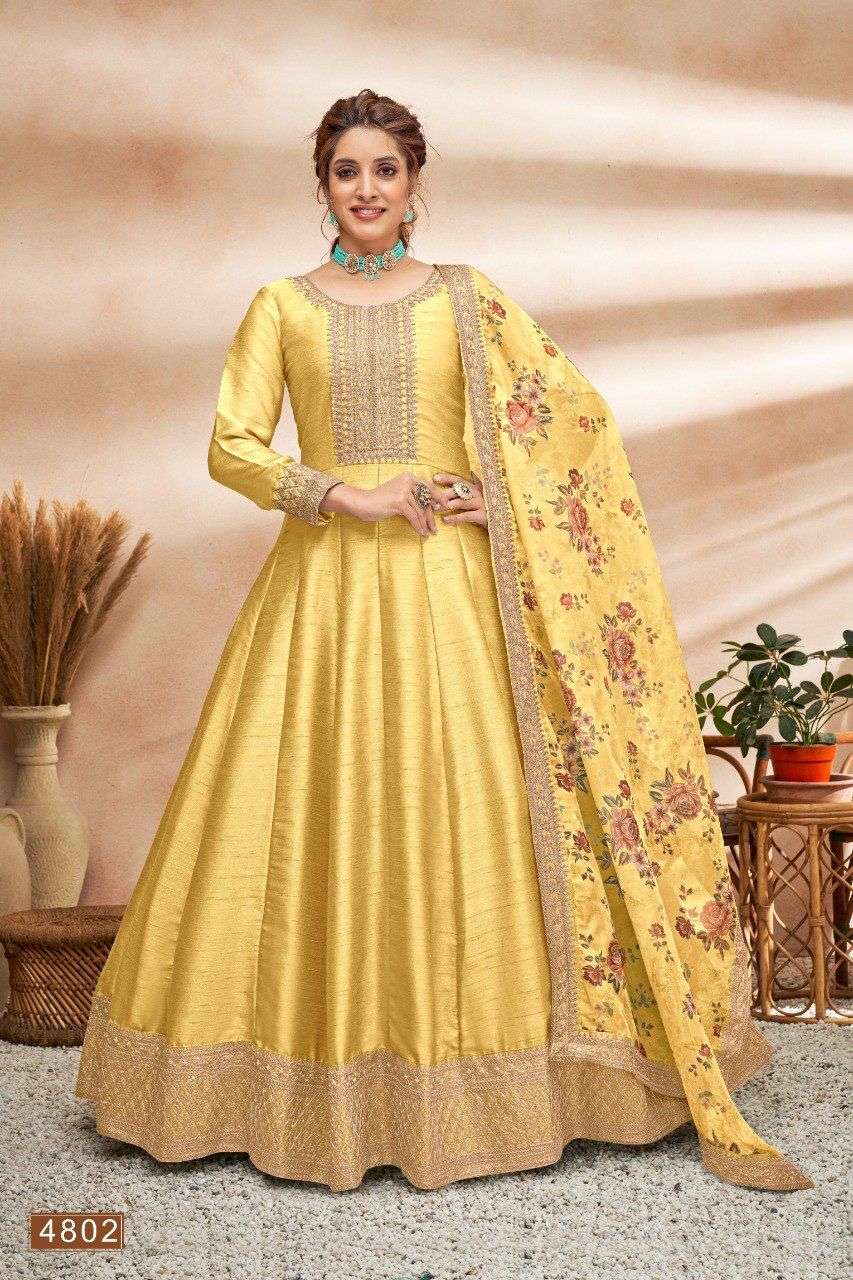 DESIGNER FANCY LONG ANARKALI SALWAR SUIT FOR WEDDING PARTY WEAR IN ART SILK WITH SEQUENCE THREAD WORK AANAYA 4802