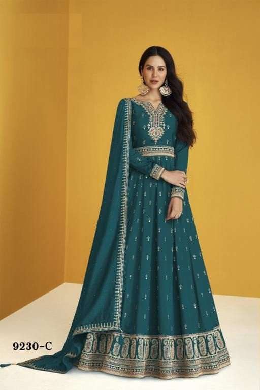 DESIGNER FANCY PARTY WEAR BLUE LONG ANARKALI SILK SALWAR SUIT AF HEERVA 9230C