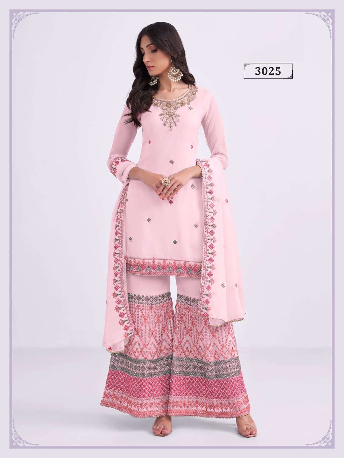 DESIGNER FANCY PARTY WEAR LIGHT PINK SHARARA PALAZZO GEORGETTE SALWAR SUIT ALZ 3025