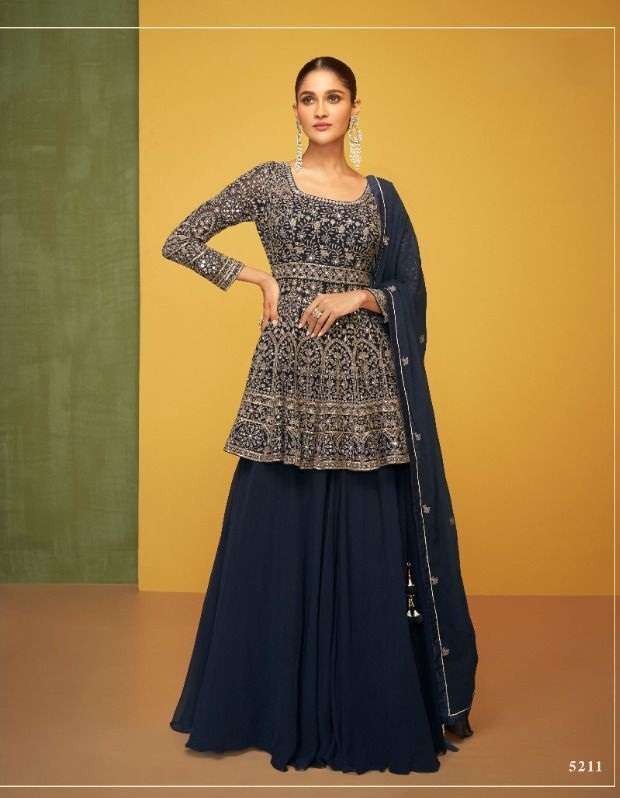 DESIGNER FANCY PARTY WEAR LONG ANARKALI BLUE GEORGETTE SALWAR SUIT SAYURI PETALS 5211