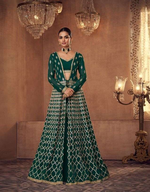 DESIGNER FANCY PARTY WEAR LONG GREEN ANARKALI GEORGETTE SALWAR SUIT SAYURI QUEEN 5222